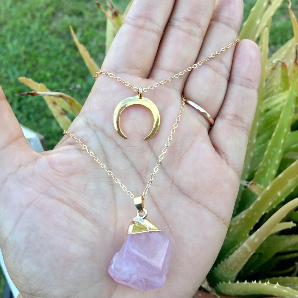 Set of 2 Gold Tone Quartz Moon Layered Necklaces
